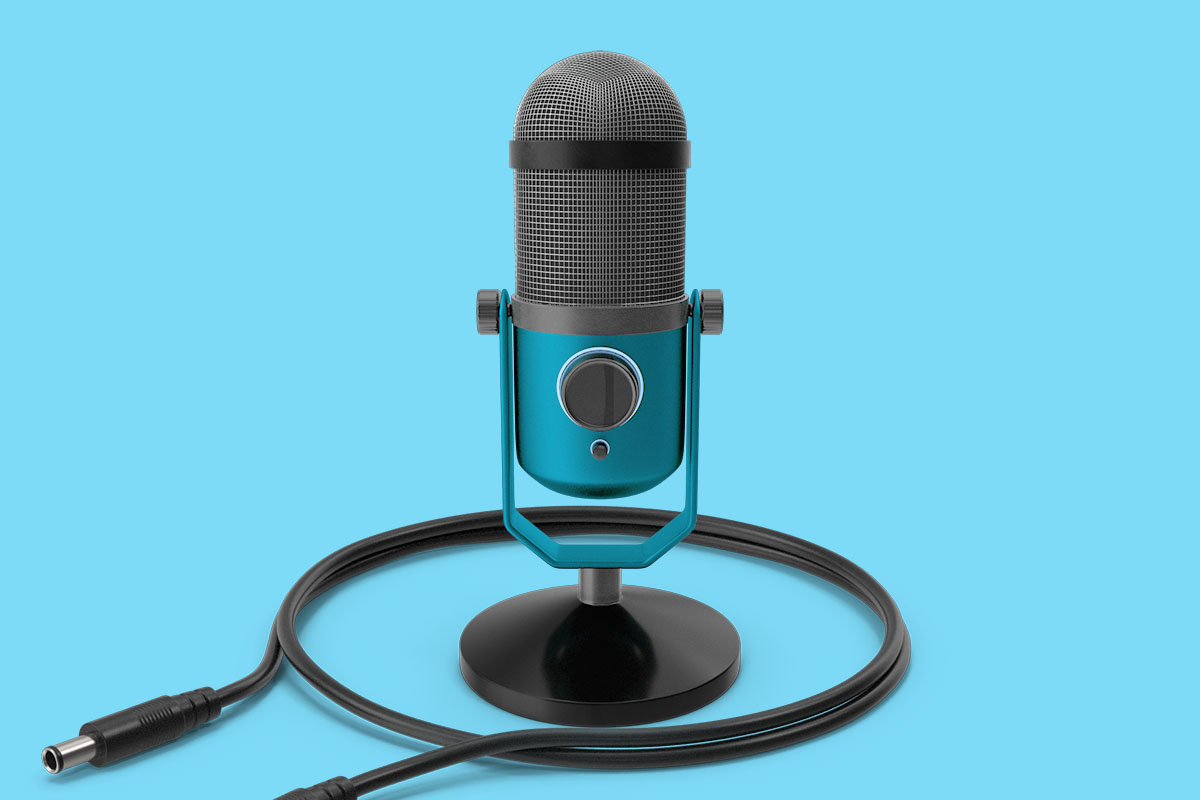 Podcast booth microphone on blue background